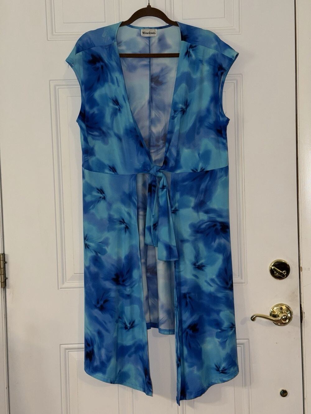 Miraclesuit L Beach Coverup Tie Front Robe Abstract Blues Stretch